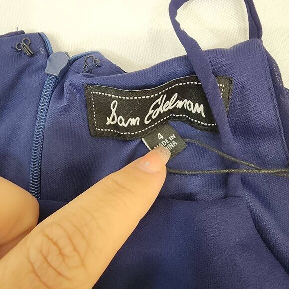 Sam Edelman Size 4 Electric Pleated A Line Long Midi Dress Navy Blue Halter Top - Picture 5 of 10